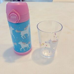Girls pottery barn kids unicorn water bottle + cup bundle, good used condition!